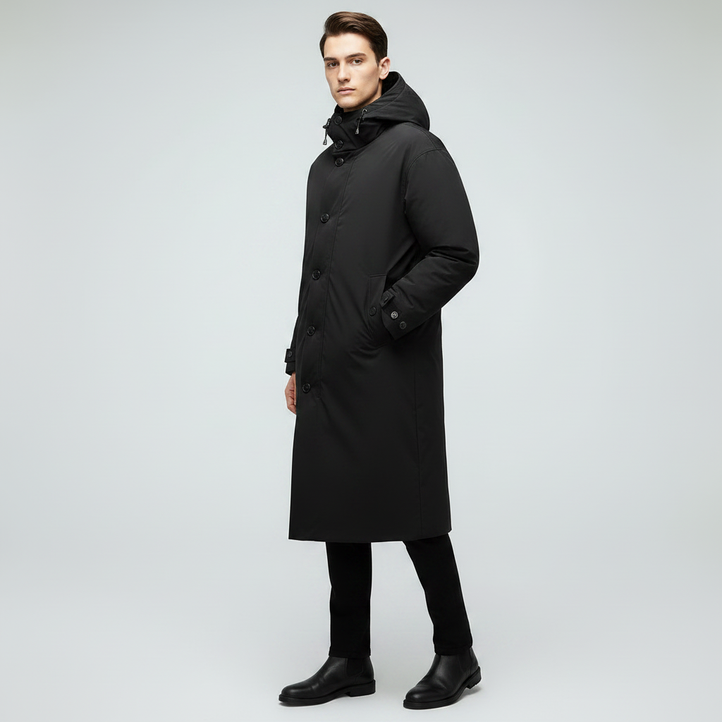 Men's Waterproof Puffer Trench Coat | Long Hooded Outerwear