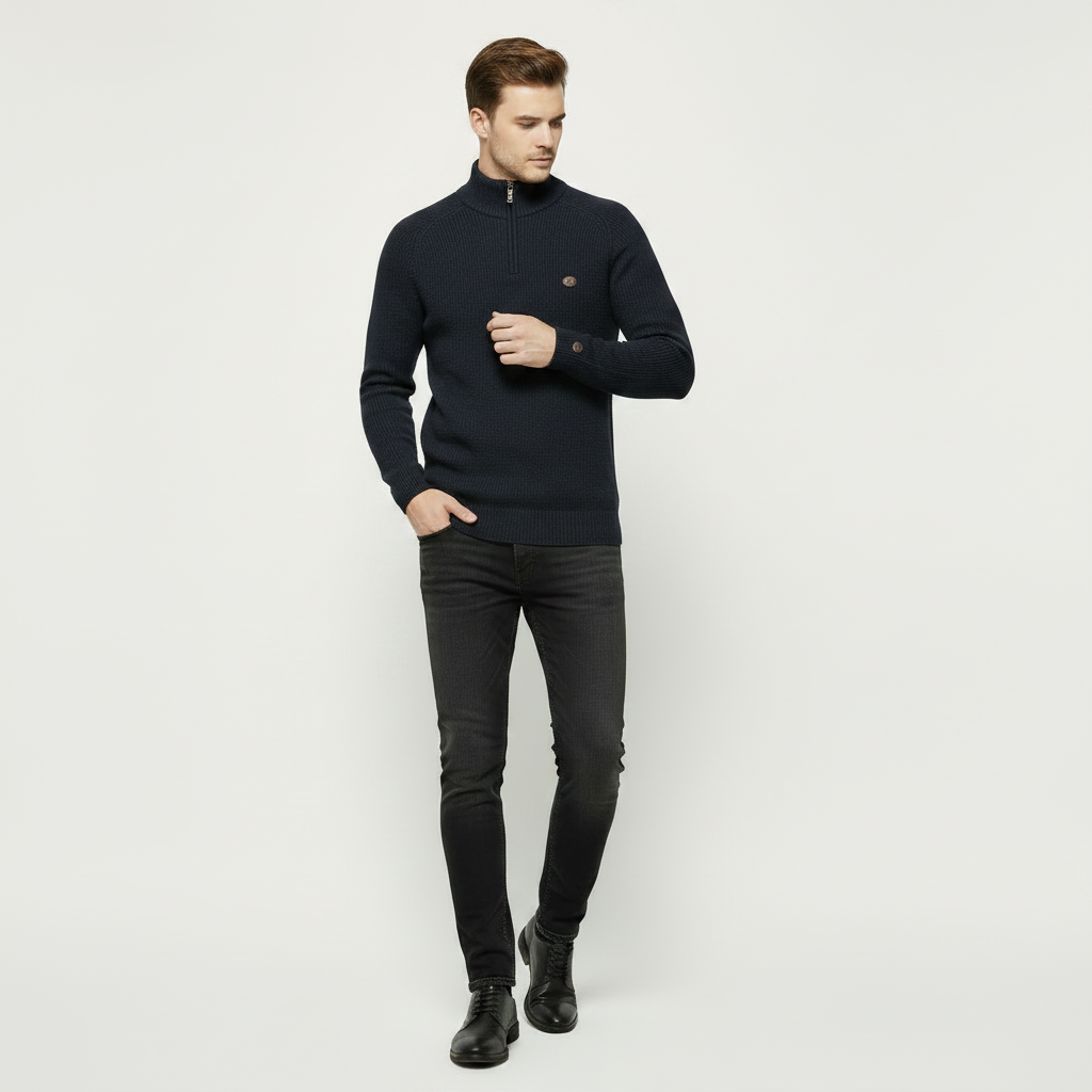 Men's Half Zip Jumper | Slim Fit Knitwear with Stand Collar