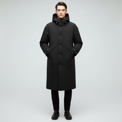 Men's Waterproof Puffer Trench Coat | Long Hooded Outerwear