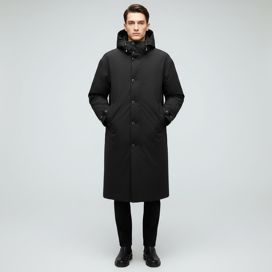 Men's Waterproof Puffer Trench Coat | Long Hooded Outerwear