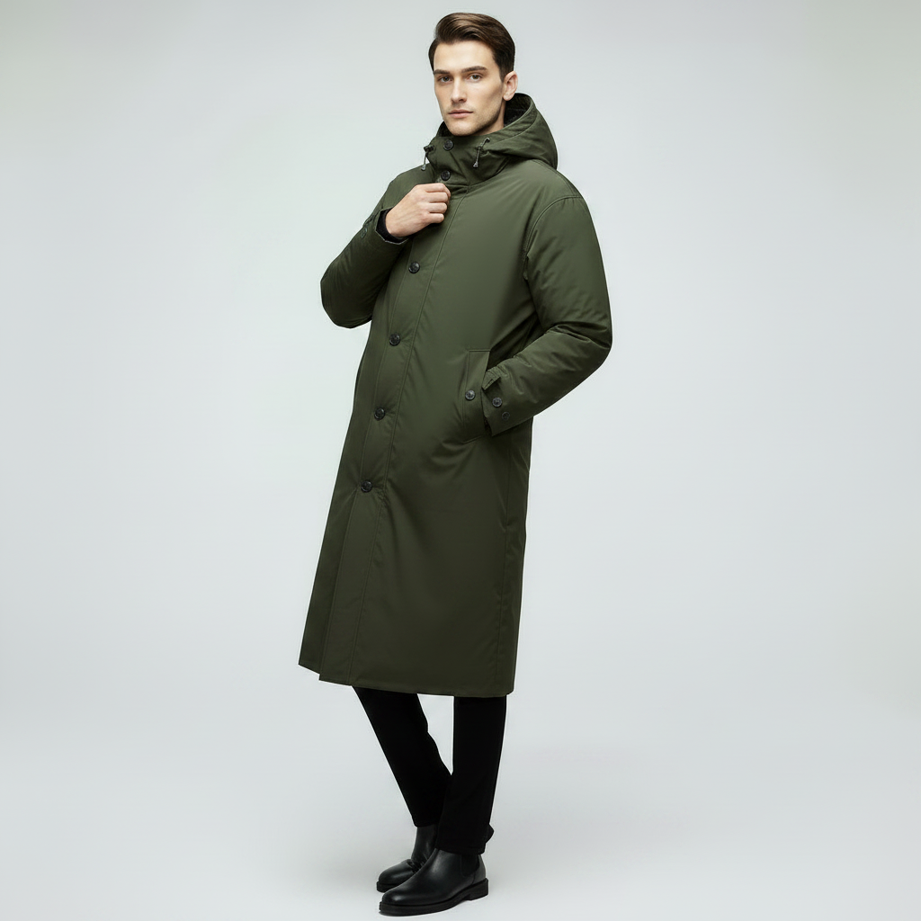 Men's Waterproof Puffer Trench Coat | Long Hooded Outerwear