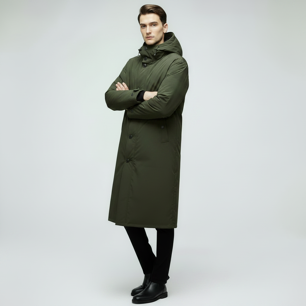 Men's Waterproof Puffer Trench Coat | Long Hooded Outerwear
