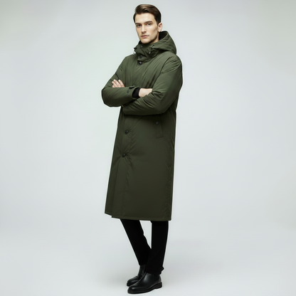 Men's Waterproof Puffer Trench Coat | Long Hooded Outerwear