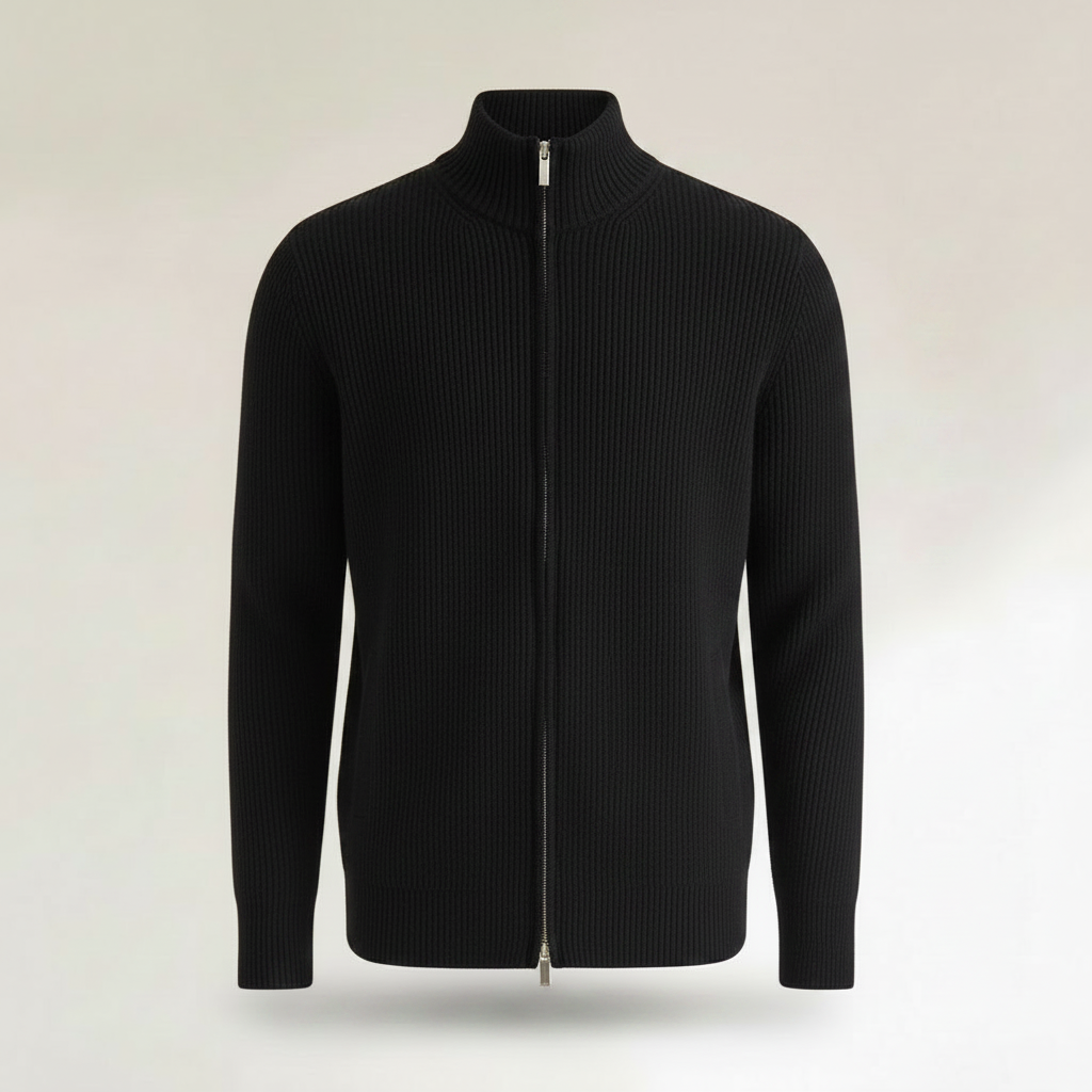 Men's Black Zip Cardigan | Slim Fit Ribbed Knit Sweater