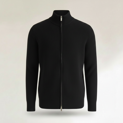 Men's Black Zip Cardigan | Slim Fit Ribbed Knit Sweater