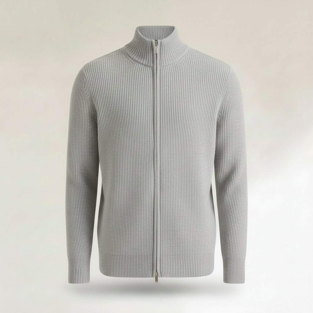 Men's Black Zip Cardigan | Slim Fit Ribbed Knit Sweater
