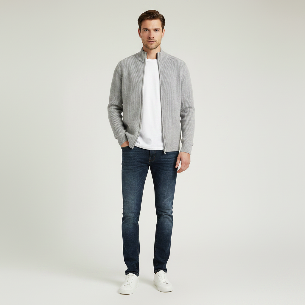 Men's Black Zip Cardigan | Slim Fit Ribbed Knit Sweater
