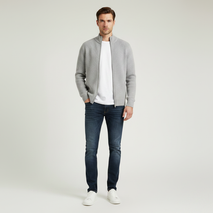 Men's Black Zip Cardigan | Slim Fit Ribbed Knit Sweater