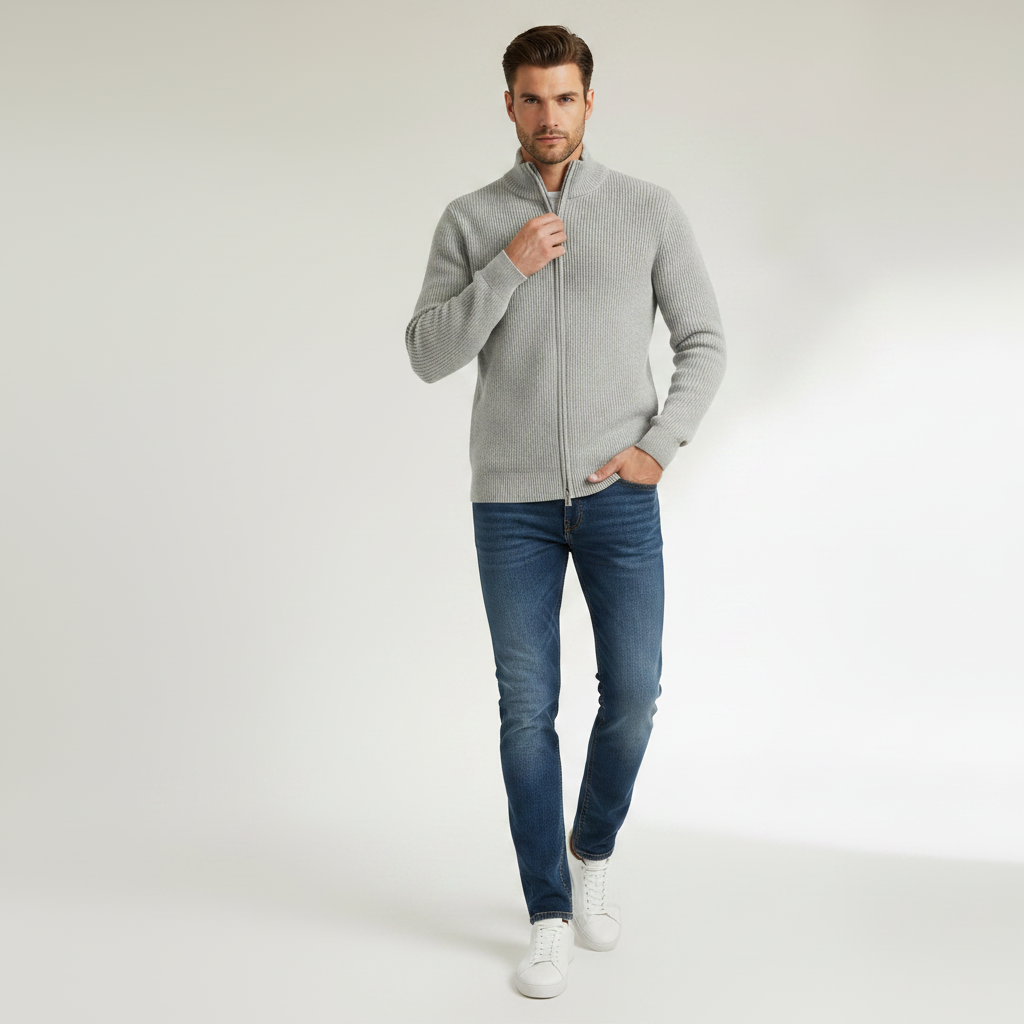 Men's Black Zip Cardigan | Slim Fit Ribbed Knit Sweater